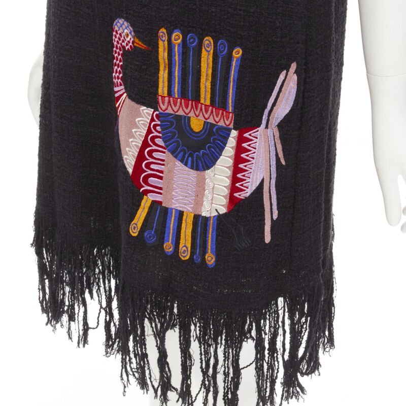 MSGM tweed ethnic bird embroidery fringe hem little black dress IT40 S