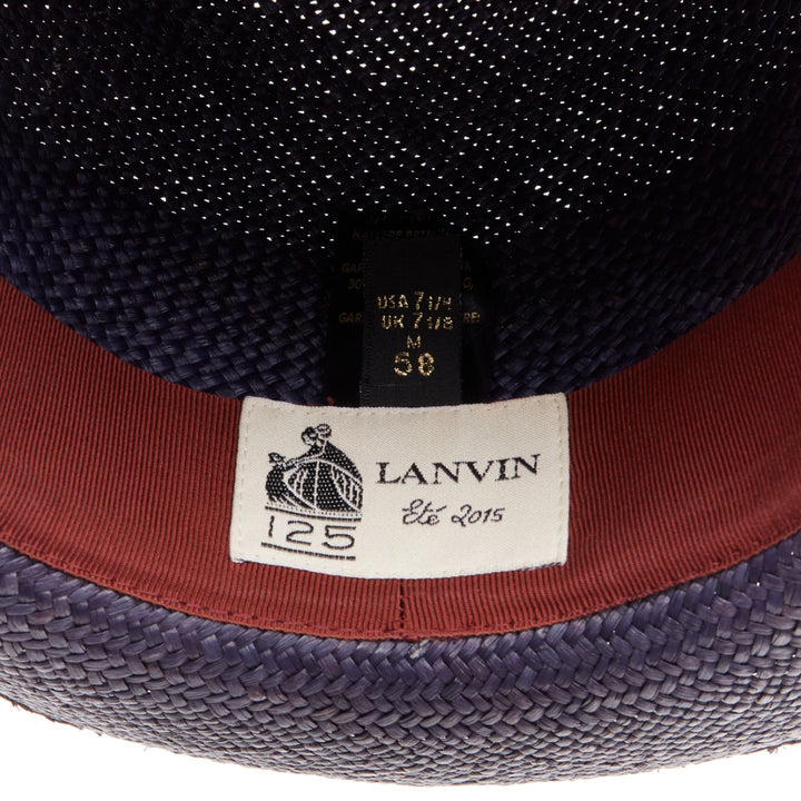 LANVIN 2015 Alber Elbaz red flower brown web ribbon navy straw fedora hat M