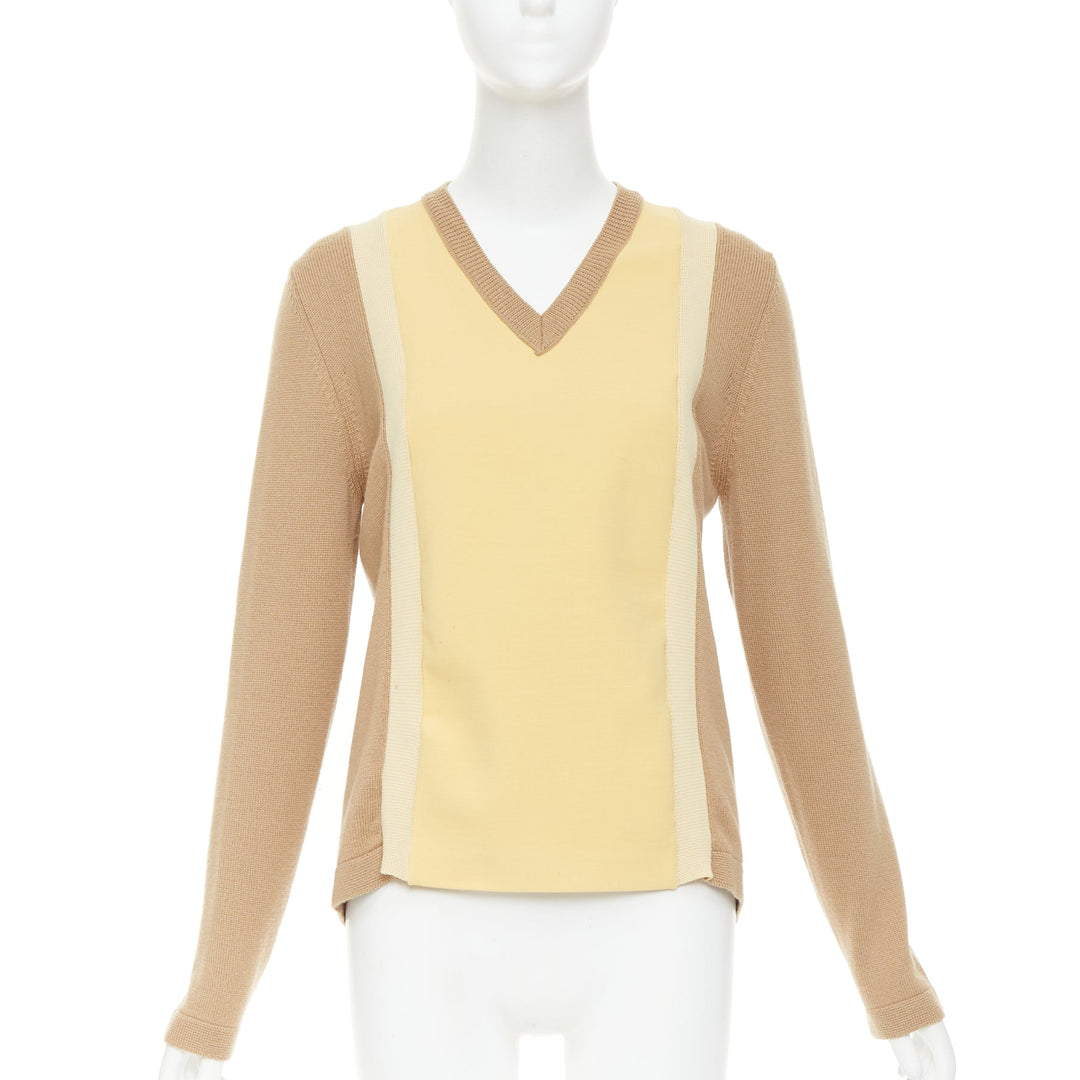 MARNI yellow beige tan virgin wool blend colorblock panel V neck sweater IT42 M