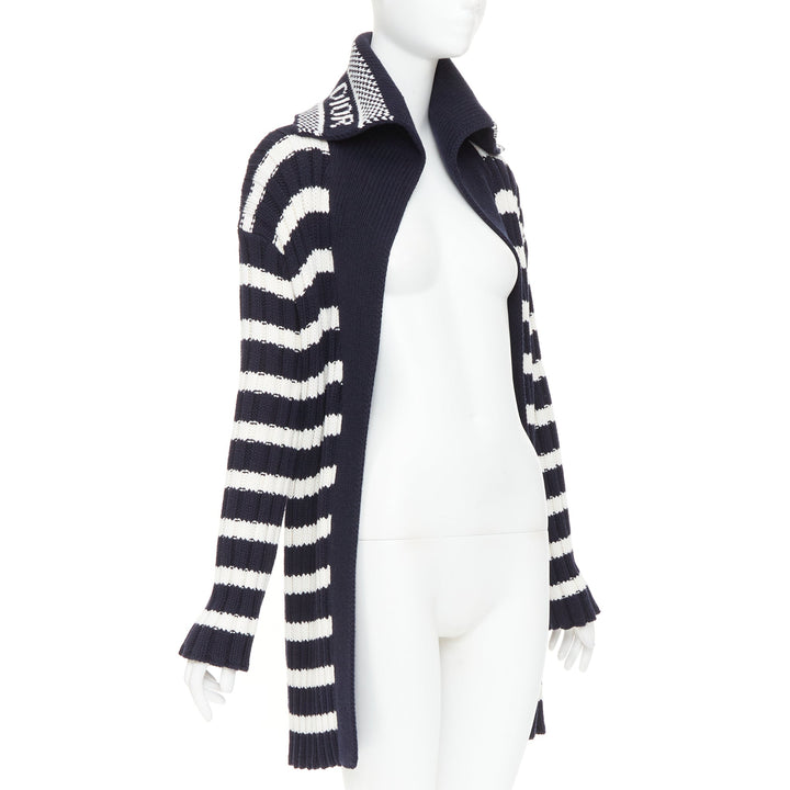 DIOR navy white cotton cashmere logo intarsia back neck striped cardigan FR34 XS