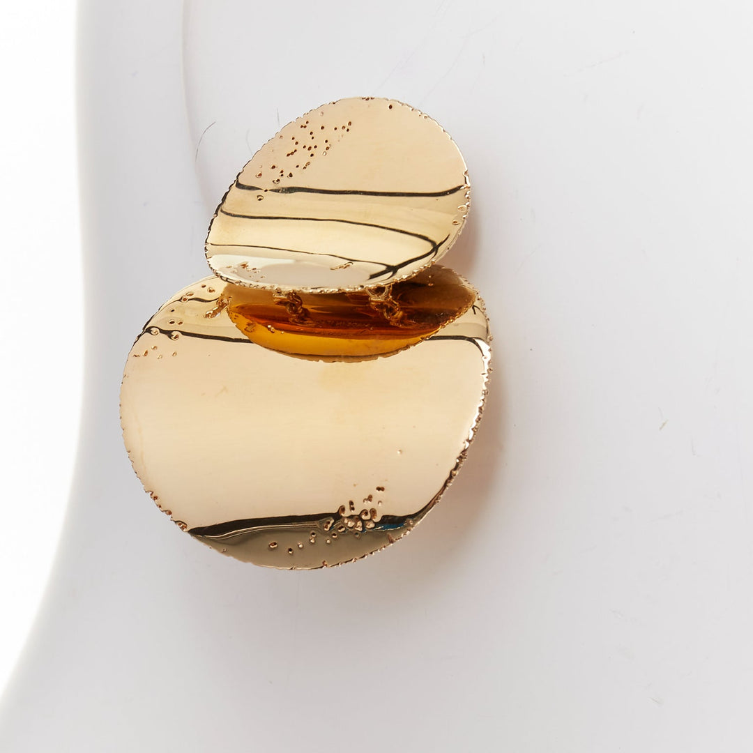 rare OLD CELINE Phoebe Philo mirrored gold tone hammer petal pin earrings Pair