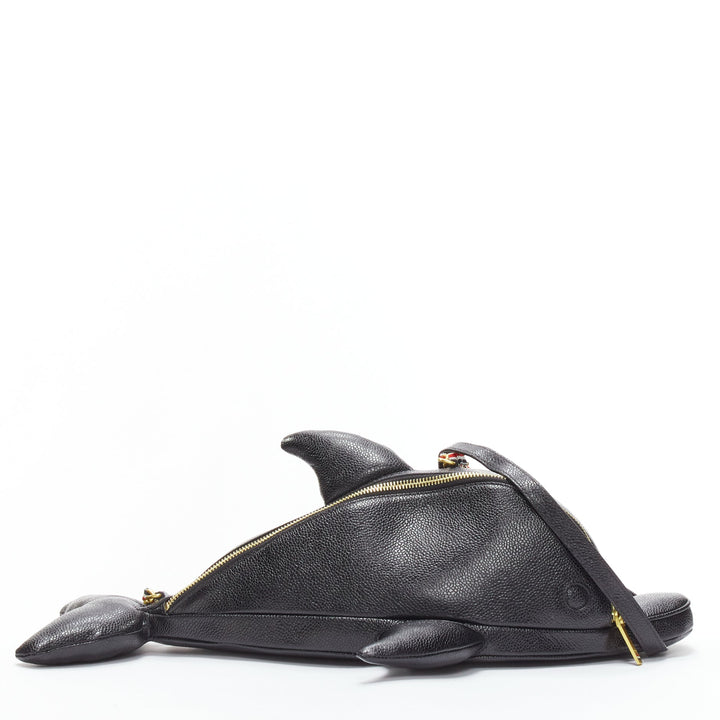 rare THOM BROWNE Mini Dolphin black pebbled leather crossbody bag