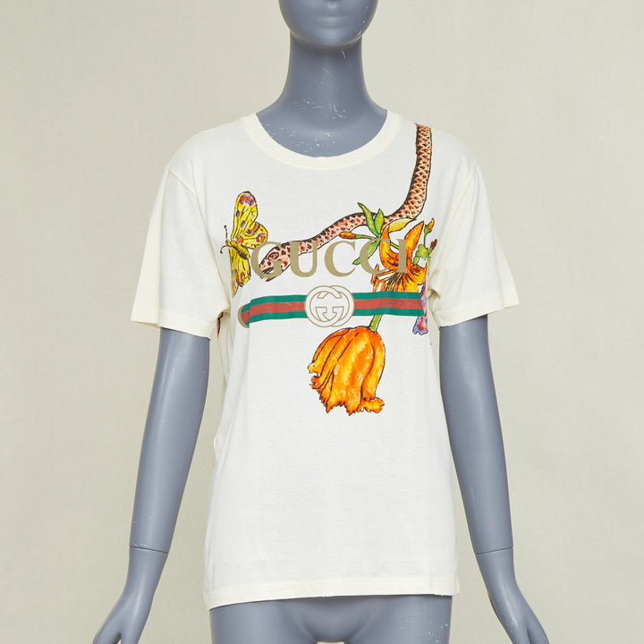 GUCCI Floral Snake Vintage Logo print off-white distressed crew neck tshirt XXS