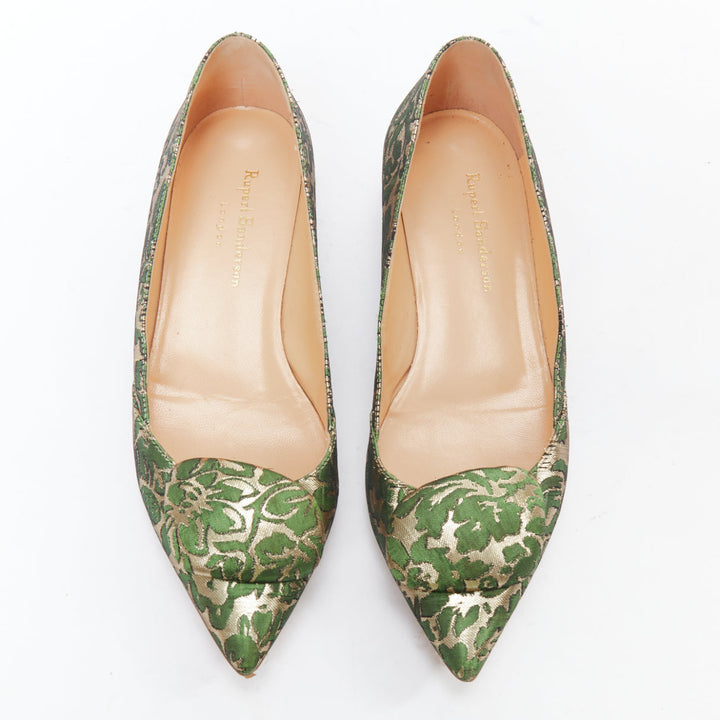 RUPERT SANDERSON Aga green gold brocade embellished pointy flats EU38