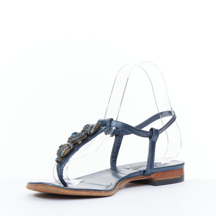 MANOLO BLAHNIK Vintage blue metallic jewel embellished tstrap sandals EU37.5