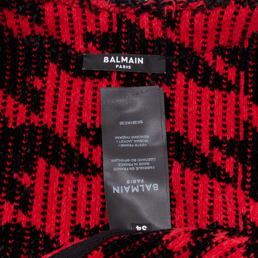 BALMAIN 2022 red black houndstooth destroyed pointelle knit mesh jacket FR34 XS