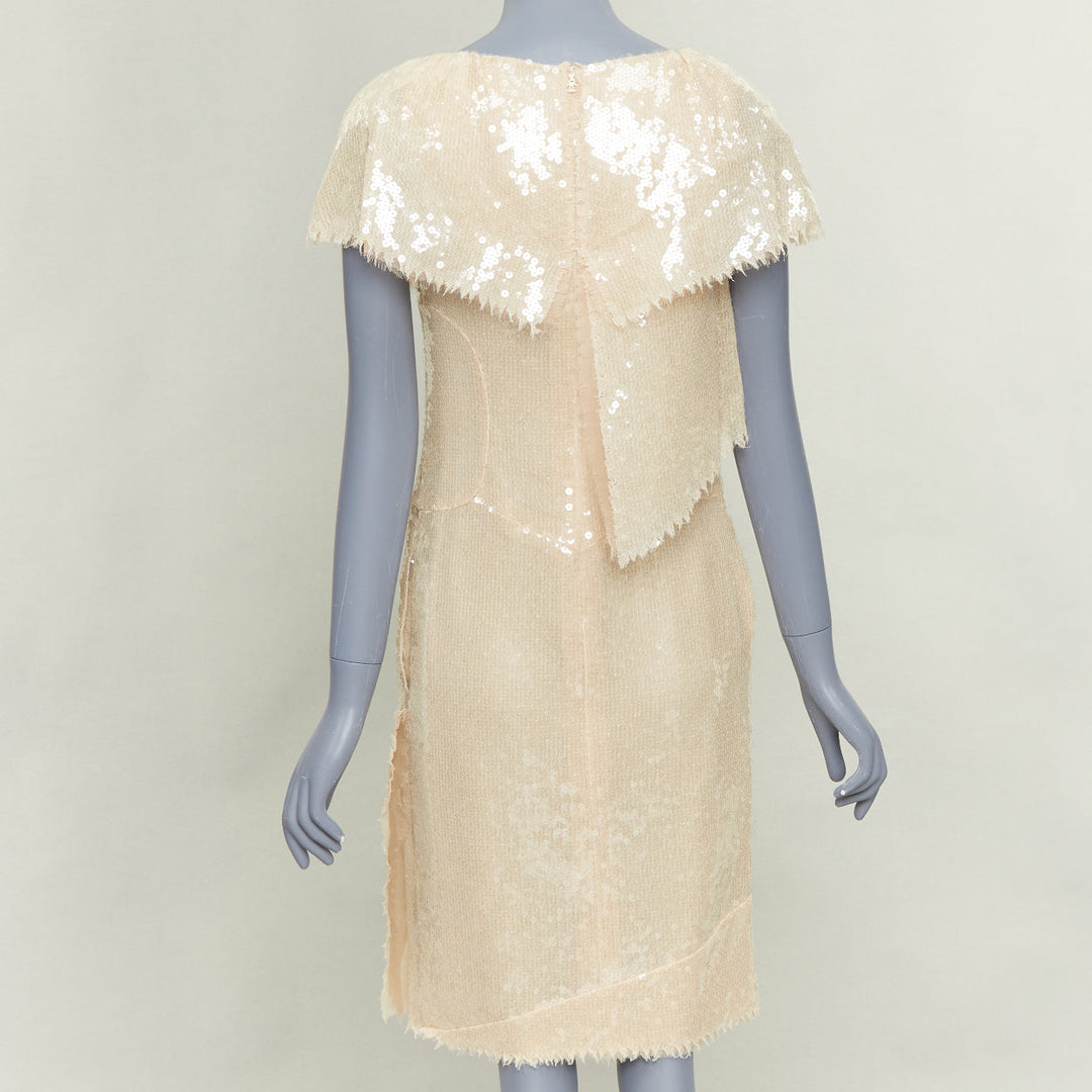 CHANEL Bridal 08P beige sequinned raw edge asymmetric capelet shift dress FR36 S