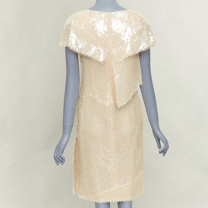 CHANEL Bridal 08P beige sequinned raw edge asymmetric capelet shift dress FR36 S