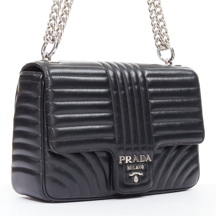 PRADA Diagramme black quilted silver logo crossbody flap shoulder bag