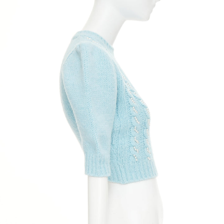 ALESSANDRA RICH pastel blue alpaca pearl embellished cable sweater IT36 XXS