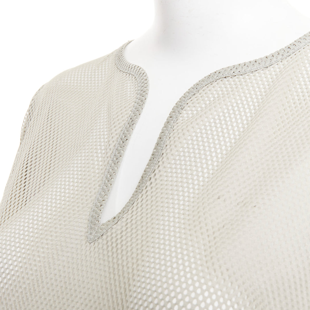 CHANEL SPORTS 03P Vintage grey sheer mesh silver CC logo split neck top FR40 L
