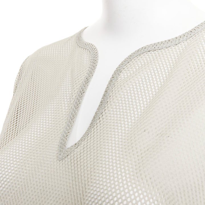CHANEL SPORTS 03P Vintage grey sheer mesh silver CC logo split neck top FR40 L