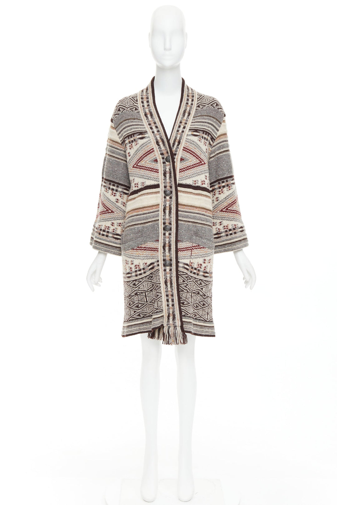 ETRO brown burgundy nude wool silk ethnic knit cardigan coat IT40 S