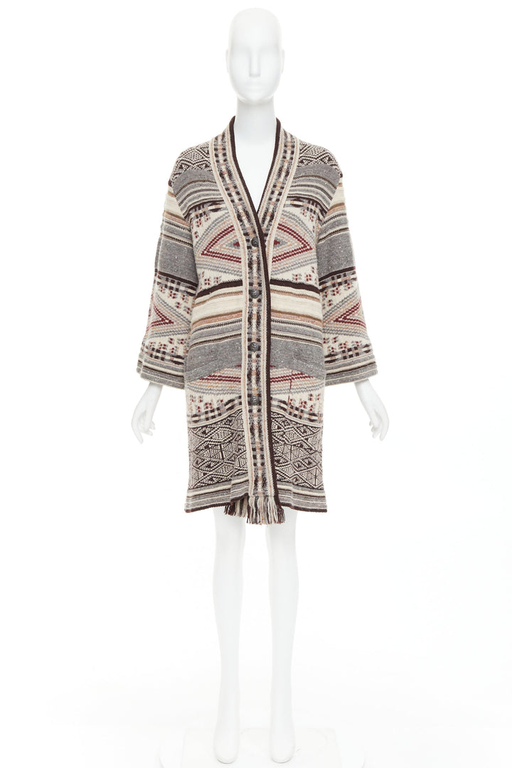 ETRO brown burgundy nude wool silk ethnic knit cardigan coat IT40 S
