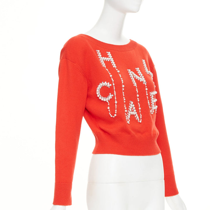 CHANEL 21S Runway 100% cashmere red pearl crystal beads spellout sweater FR34 XS