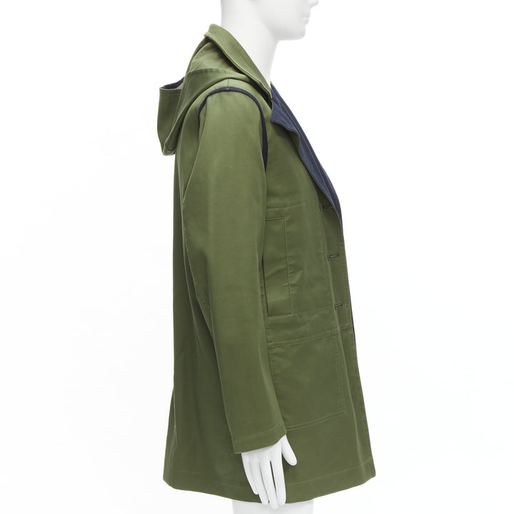 VALENTINO Reversible green navy cotton poplin oversized collar mid coat EU48 M