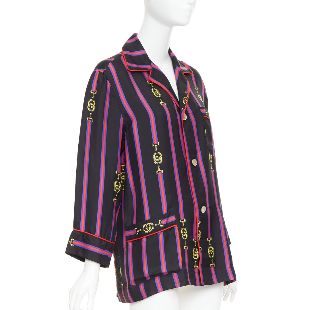 rare GUCCI GARDEN 100% silk black purple GG stripe pajama blouse shirt XXS