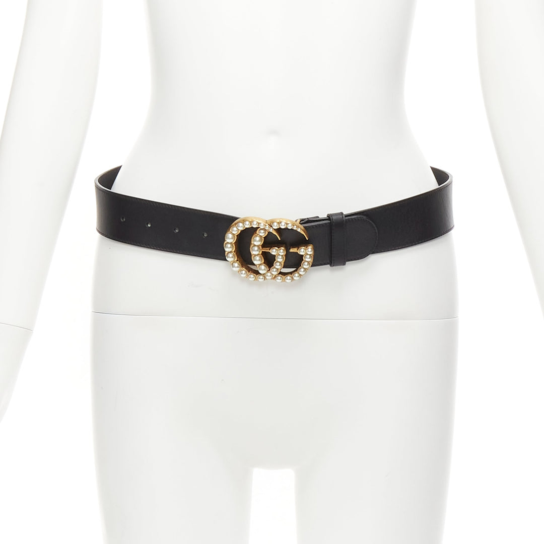 GUCCI Alessandro Michelel Double G gold pearl black leather belt 75cm