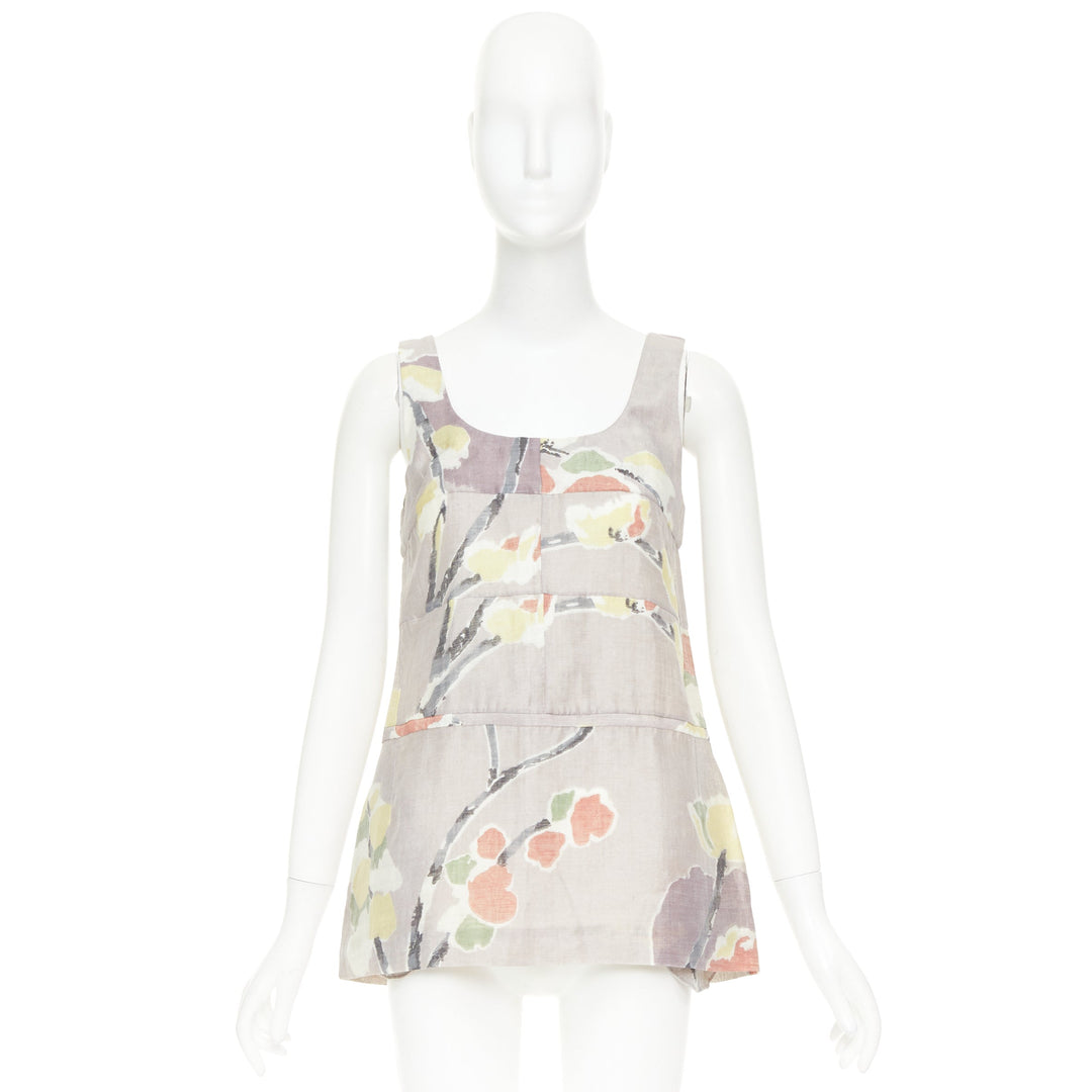 MARNI light grey ramie blend muted floral print panelled scoop neck top IT38 XS