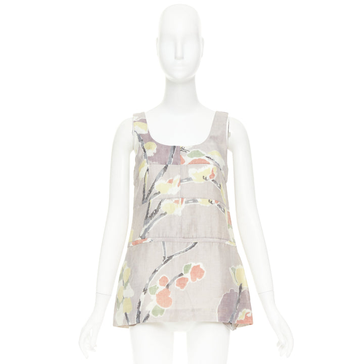MARNI light grey ramie blend muted floral print panelled scoop neck top IT38 XS
