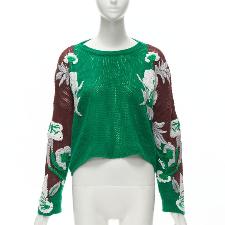VALENTINO 2022 100% virgin wool green white floral embroidery sleeves sweater S