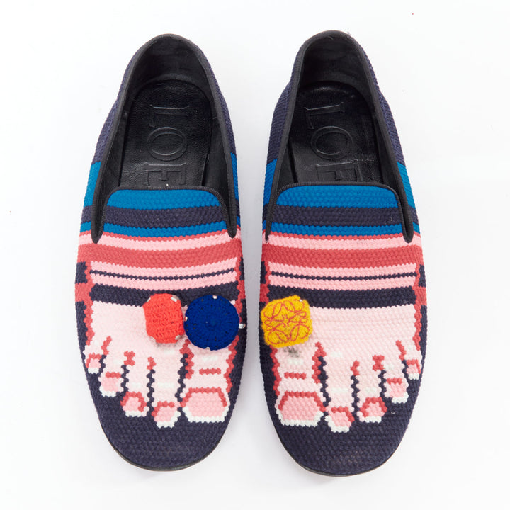 LOEWE Toe Ring blue multicolor anagram knitted embellished loafers EU38