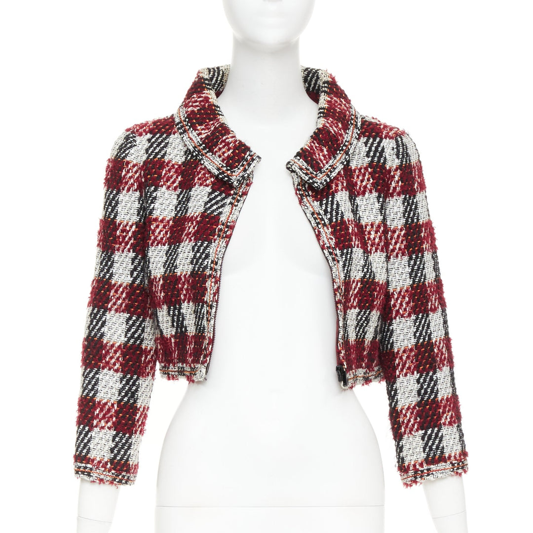 CHANEL 16A Runway burgundy checked tweed cropped zip-up jacket FR40 M