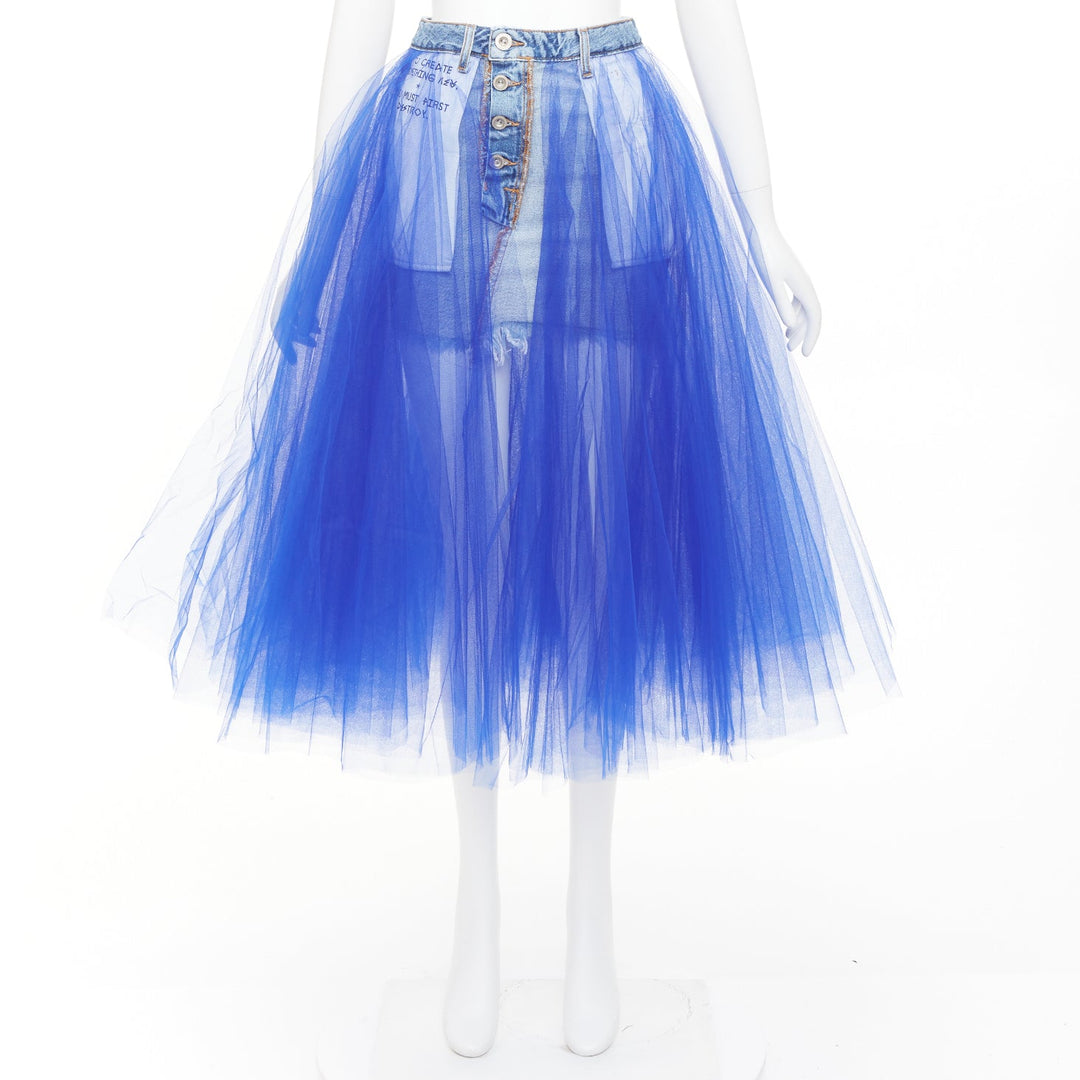 UNRAVEL PROJECT Ben Taverniti denim tulle inside out layered midi tutu skirt 24"