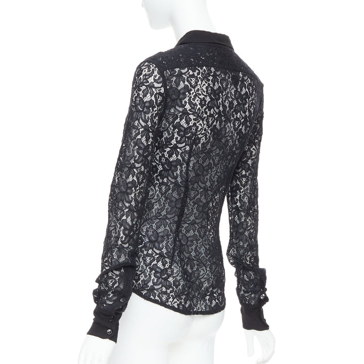 D&G DOLCE GABBANA Vintage black cotton silk floral lace sheer shirt IT38 XS