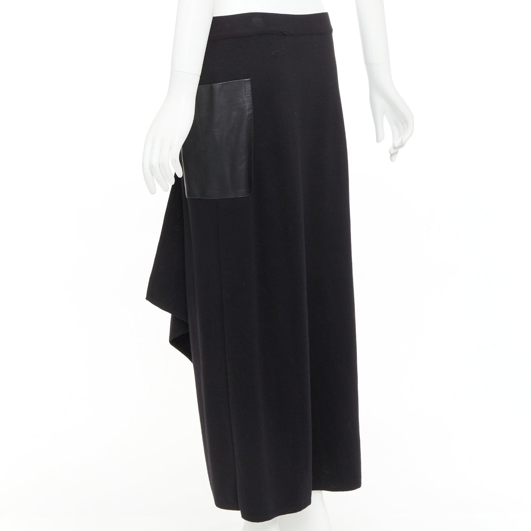 MAX MARA black leather patch pocket drape front mid waist midi skirt