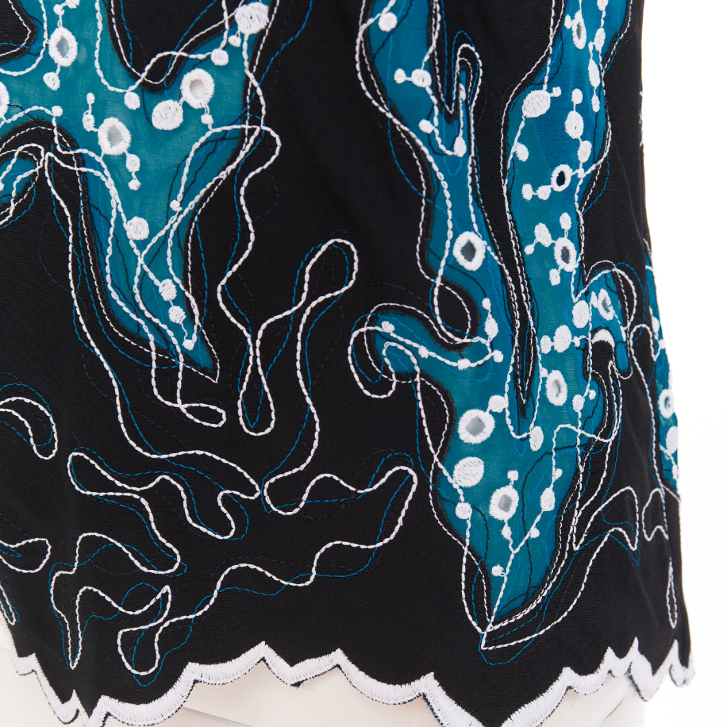 LOUIS VUITTON 2015 Runway black blue embroidered anglais scallop hem top FR38 M