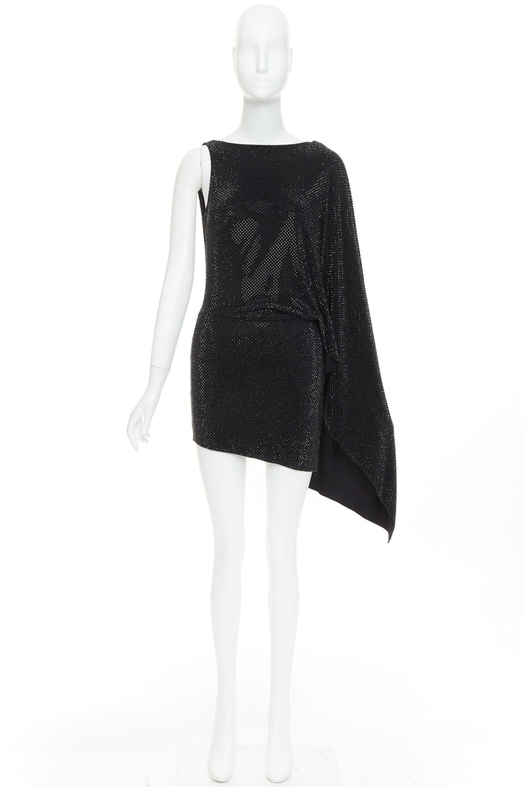 ALEXANDRE VAUTHIER black strass crystal embellished asymmetric draped mini dress