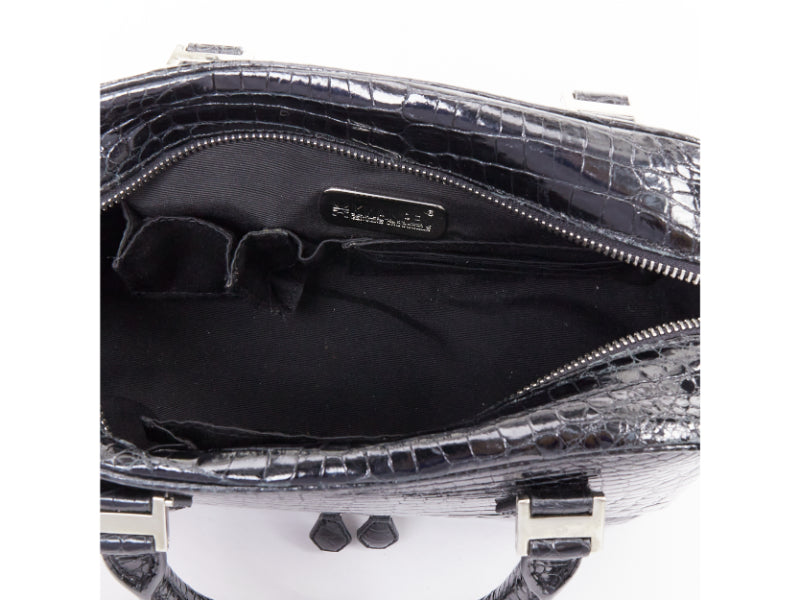 KWANPEN black high shine glossy scaled leather silver hardware zip top handbag