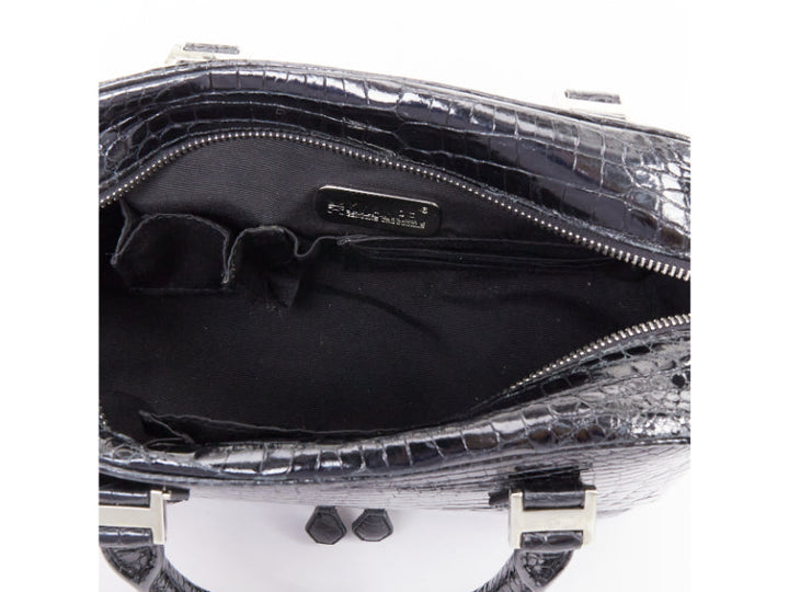 KWANPEN black high shine glossy scaled leather silver hardware zip top handbag