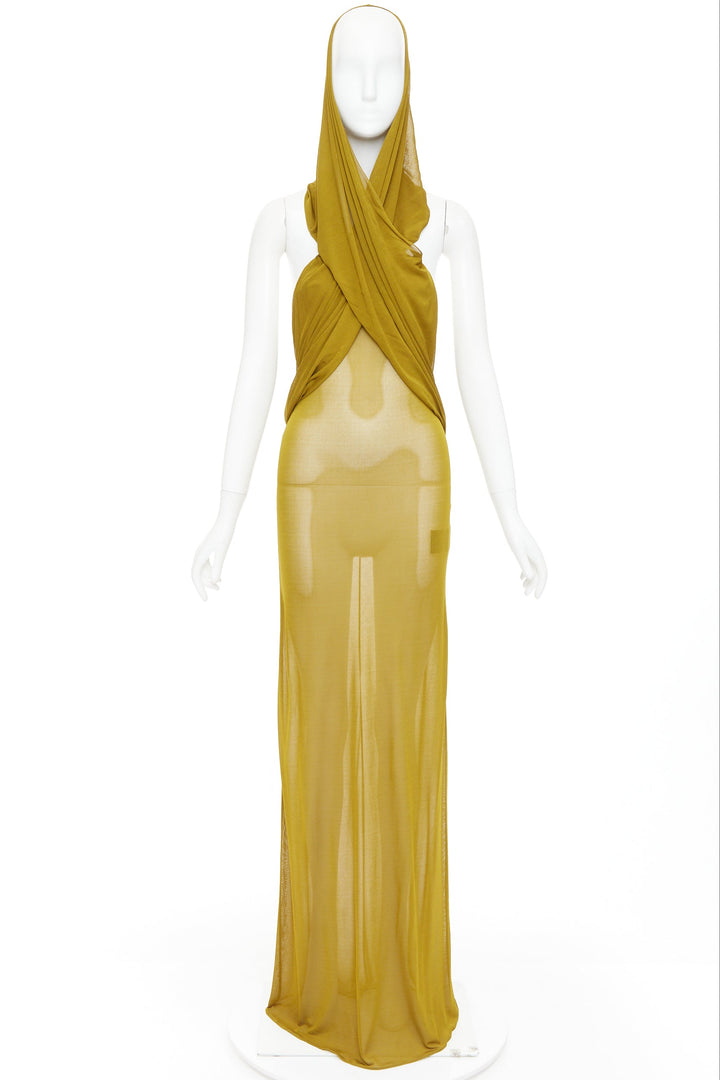 SAINT LAURENT 2023 Runway gold hooded draped maxi sheer dress FR34 XS