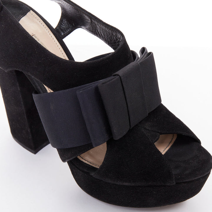 MIU MIU black suede grosgrain origami bow chunky platform heels EU35