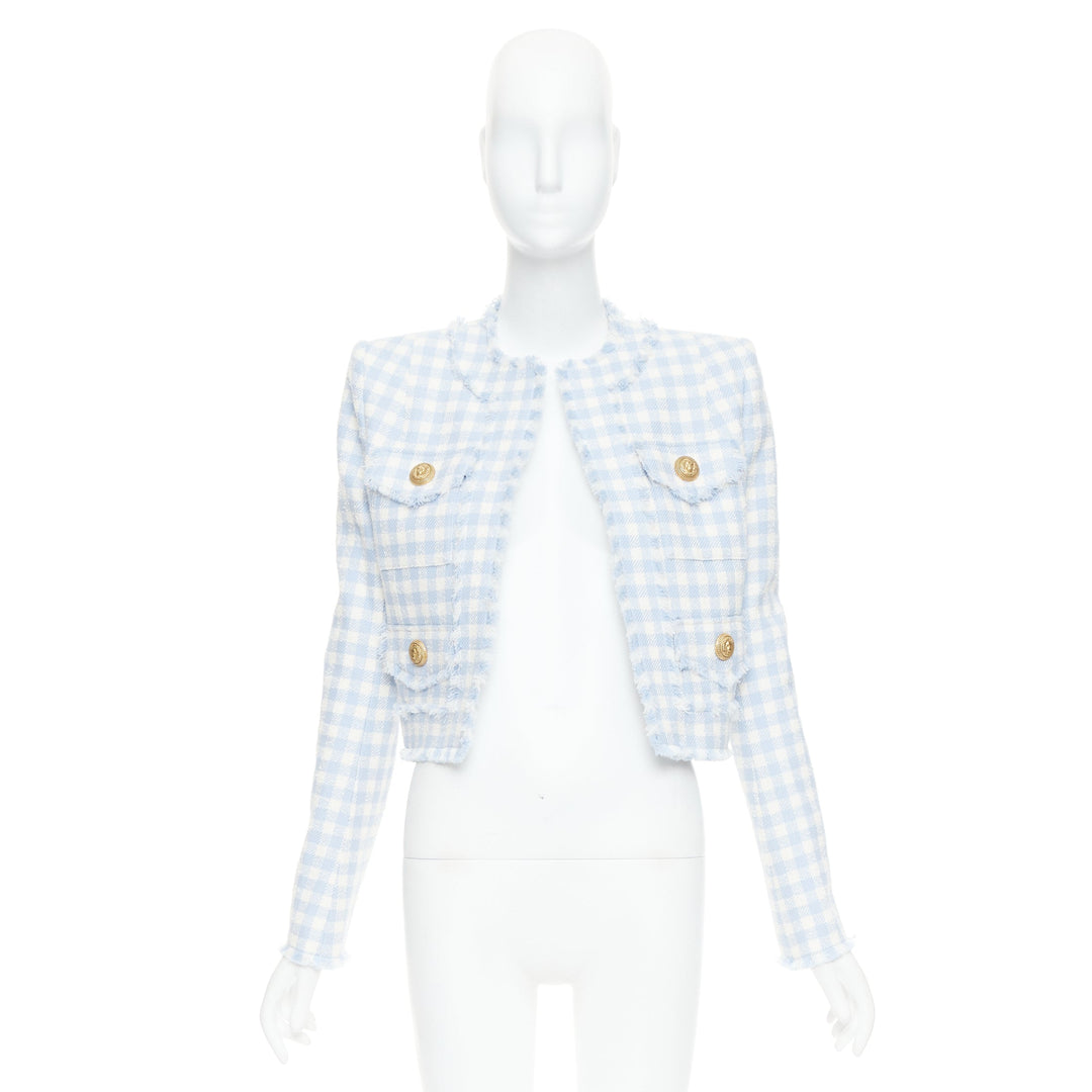 BALMAIN light blue white plaid tweed trim 4 pocket cropped jacket FR34 XS