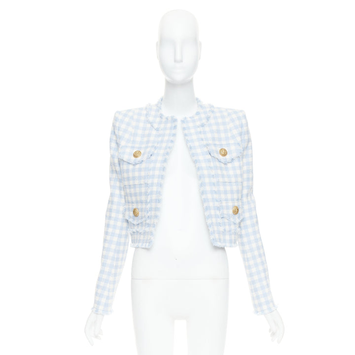 BALMAIN light blue white plaid tweed trim 4 pocket cropped jacket FR34 XS