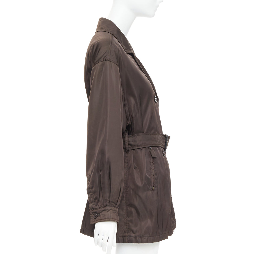 PRADA brown low sheen nylon double breasted short trench coat