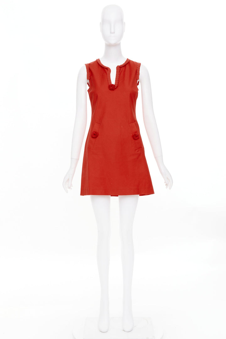 FENDI Vintage red rosette pleated neckline sleeveless casual shift dress IT40