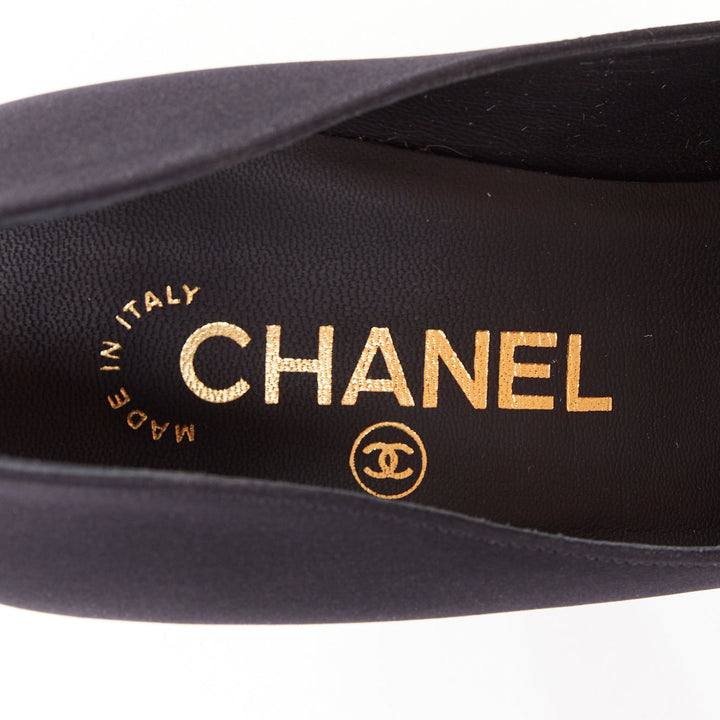 CHANEL 08A black satin gold sculpted metal bolt heel platform pumps EU37.5
