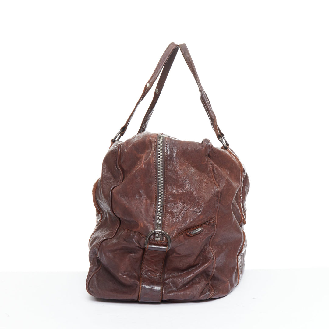 MIU MIU Vintage brown tumbled crinkled leather large travel bag