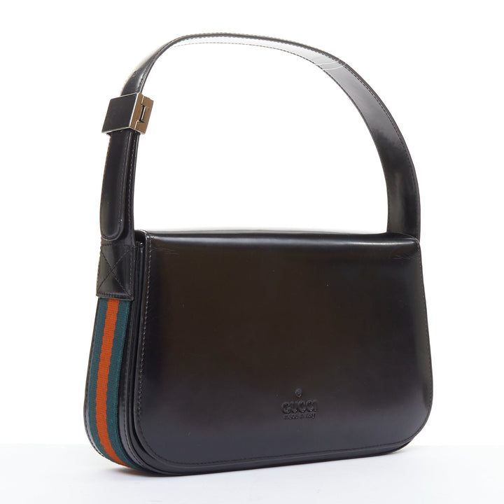GUCCI Vintage black smooth leather green red web structured underarm bag