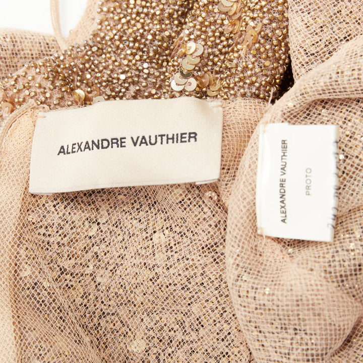 rare ALEXANDRE VAUTHIER COUTURE gold bead sequin embellished plunge evening