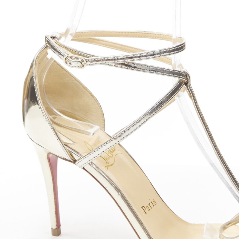 CHRISTIAN LOUBOUTIN Blakissima metallic silver bow t-strap sandals EU37.5