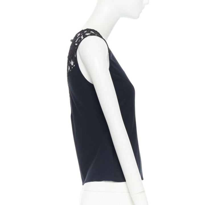 CHANEL navy blue 100% cotton illusion neckline black lace sleeveless top FR36