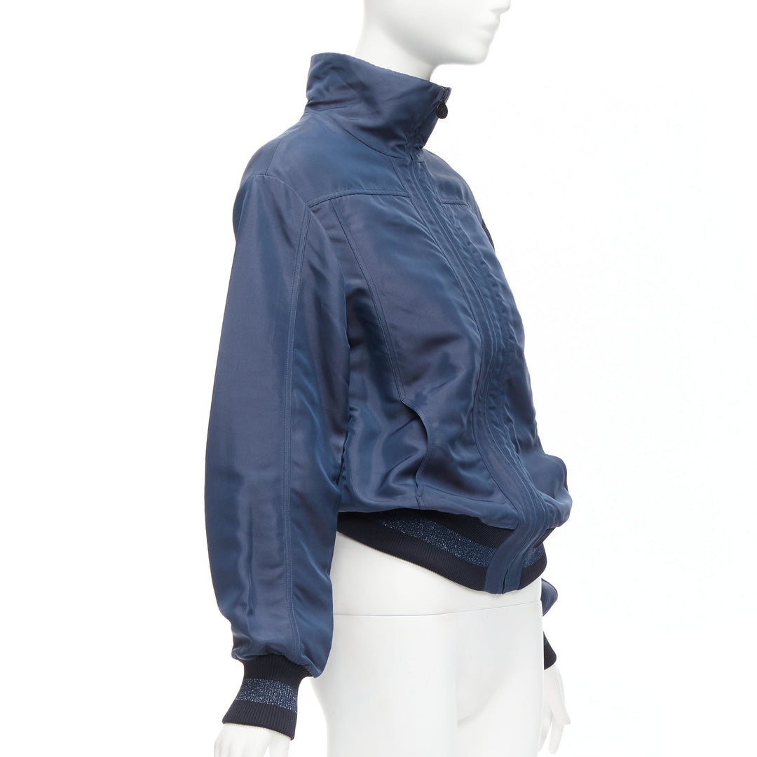 CHANEL Vintage navy viscose silk CC logo zip bomber jacket FR34 XS
