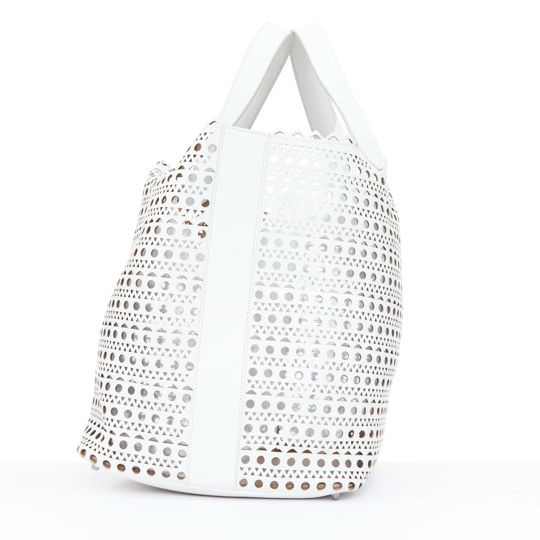 ALAIA Le Mina Vienne Wave laser cut white calfskin leather travel tote bag