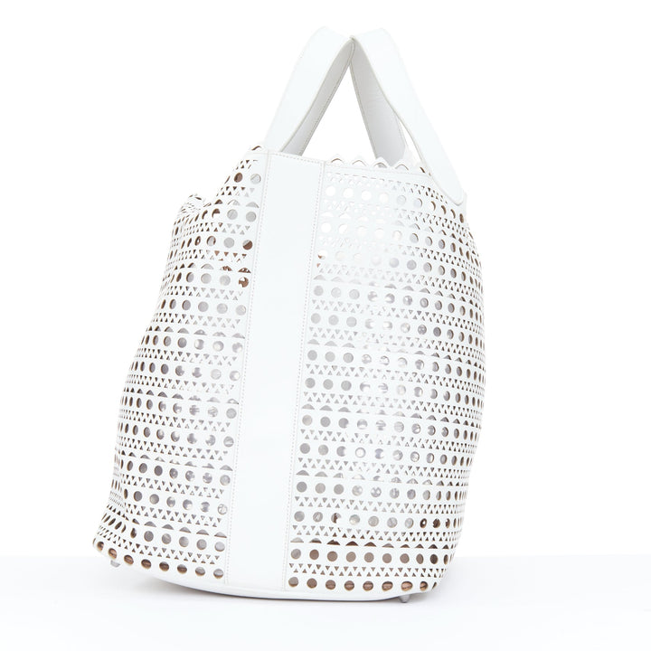 ALAIA Le Mina Vienne Wave laser cut white calfskin leather travel tote bag