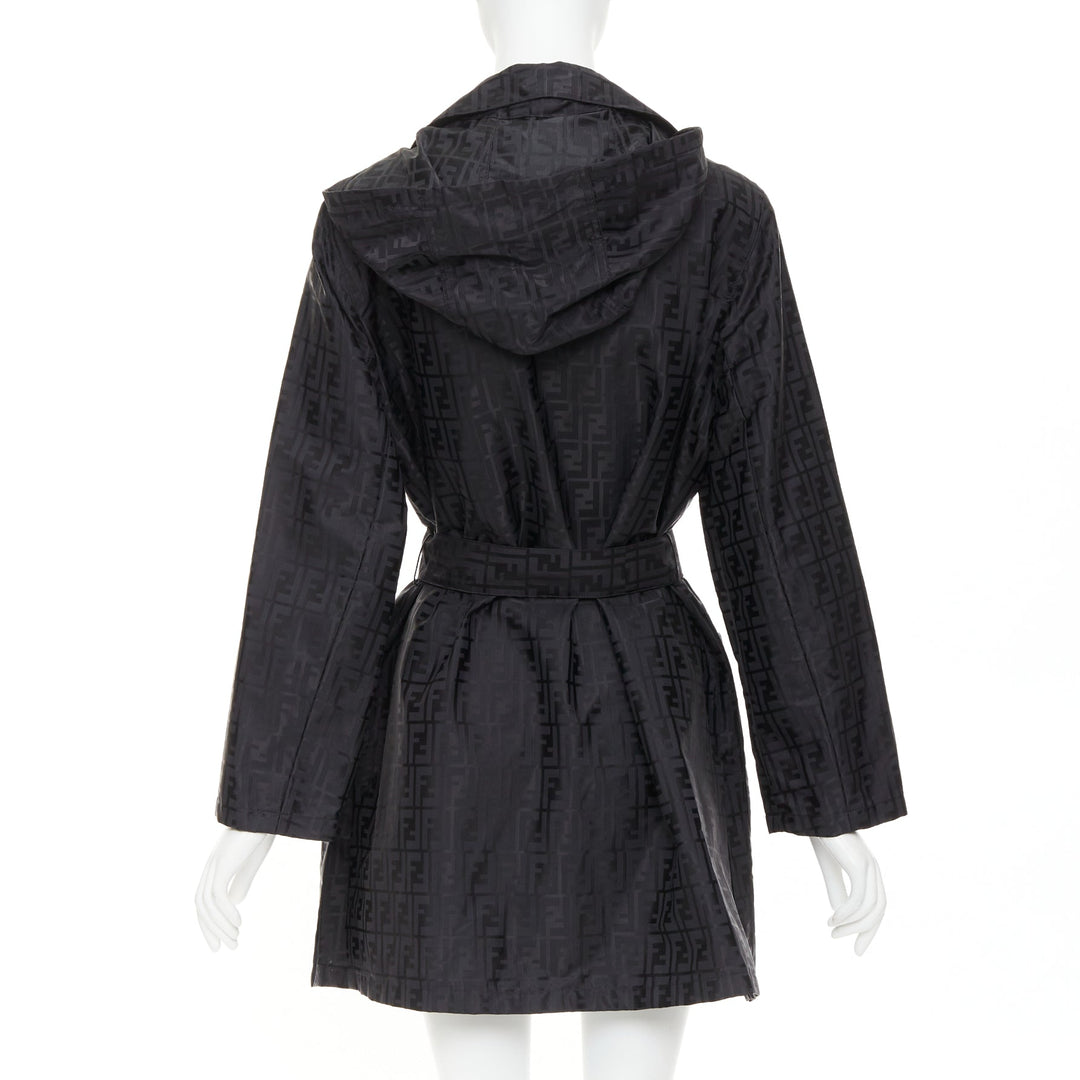 FENDI 1990s Vintage black cotton nylon FF Zucca monogram belt trench coat IT40 S